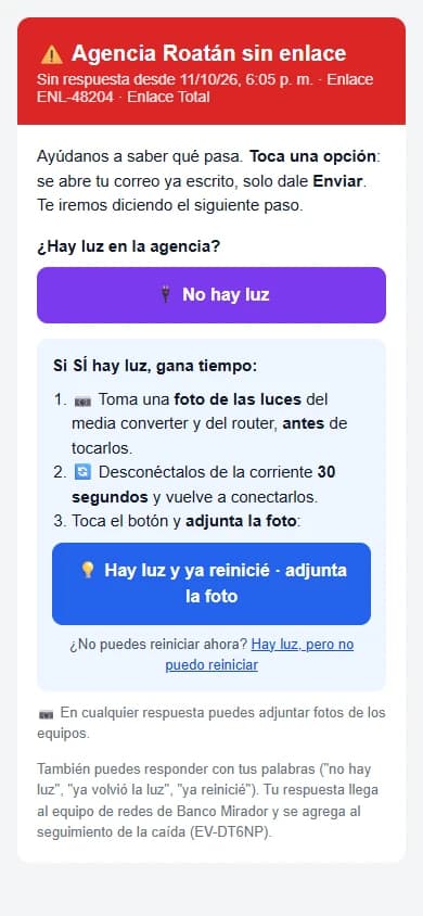 Correo de VigiLAN en el celular de una agencia, con los botones "No hay luz" y "Hay luz y ya reinicié".
